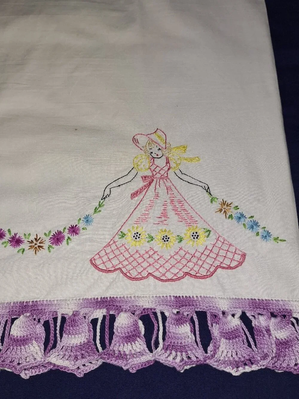 Vintage Embroidered Pillowcases 2 Ladies Big Skirts